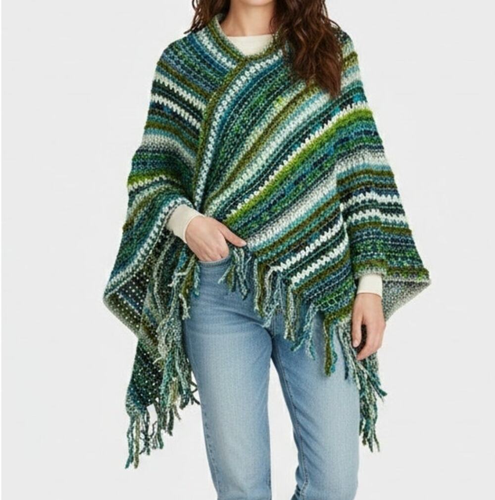 Pinklicious One Size Acrylic NEW NWT Poncho V Neck Green Blue White